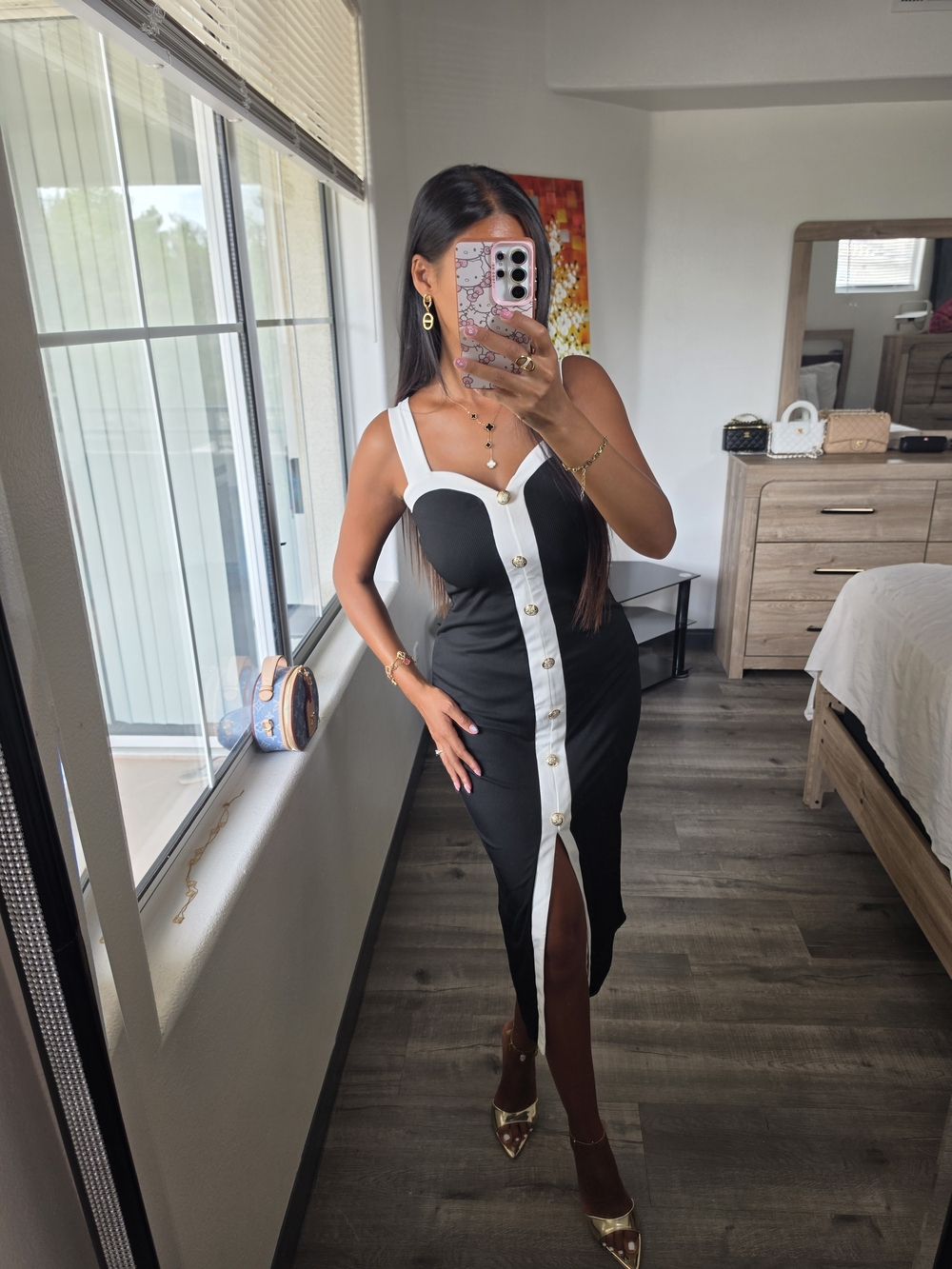 Chic Black & White Button-Front Midi Dress